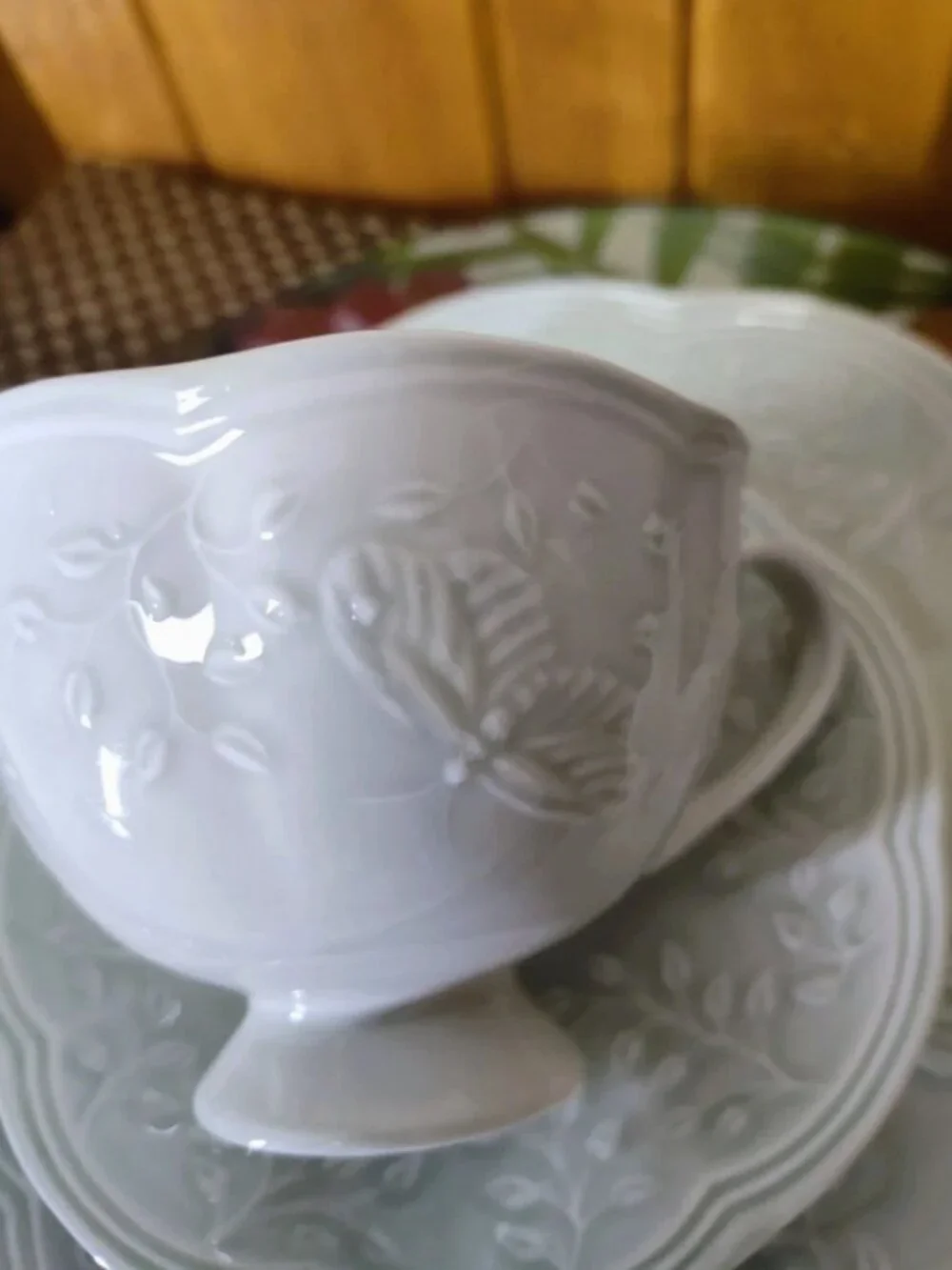 Lenox Butterfly Meadow Leaf Embossed Footed Cup Saucer & Plate Set of 3